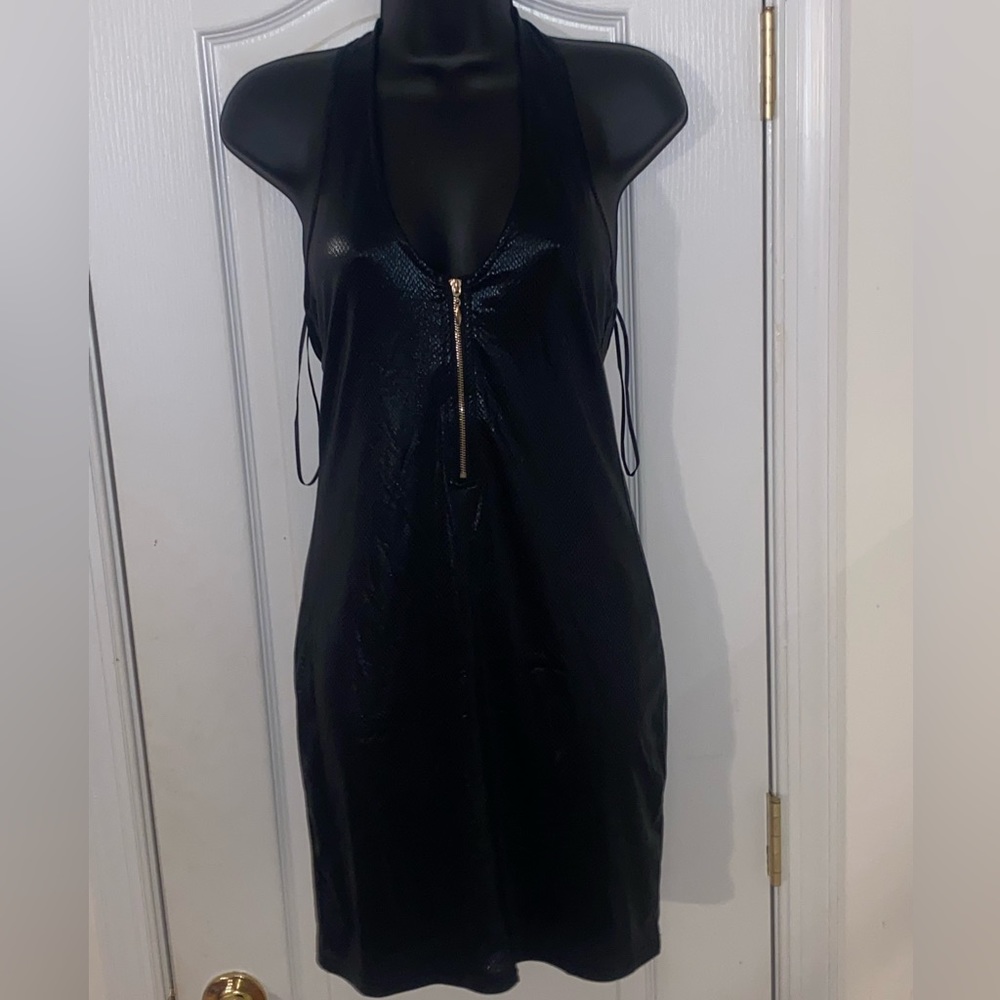 Black snakeskin halter dress